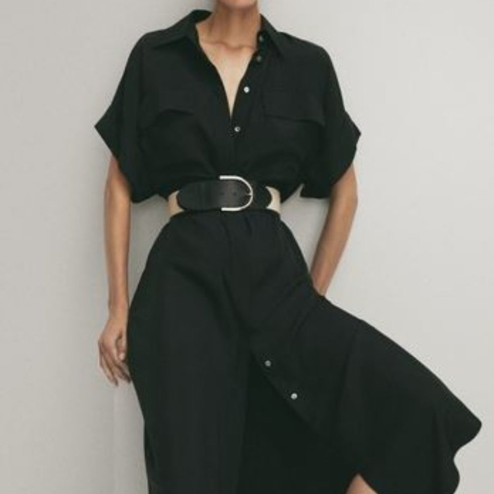 Massimo Dutti Womens Black Midi Shirt Dress Size US 10 EUR 40 6615/421 NWT